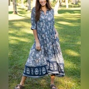 Natural Life Rebecca Midi Dress Navy Gray Floral Medium Boho Cottage Romantic
